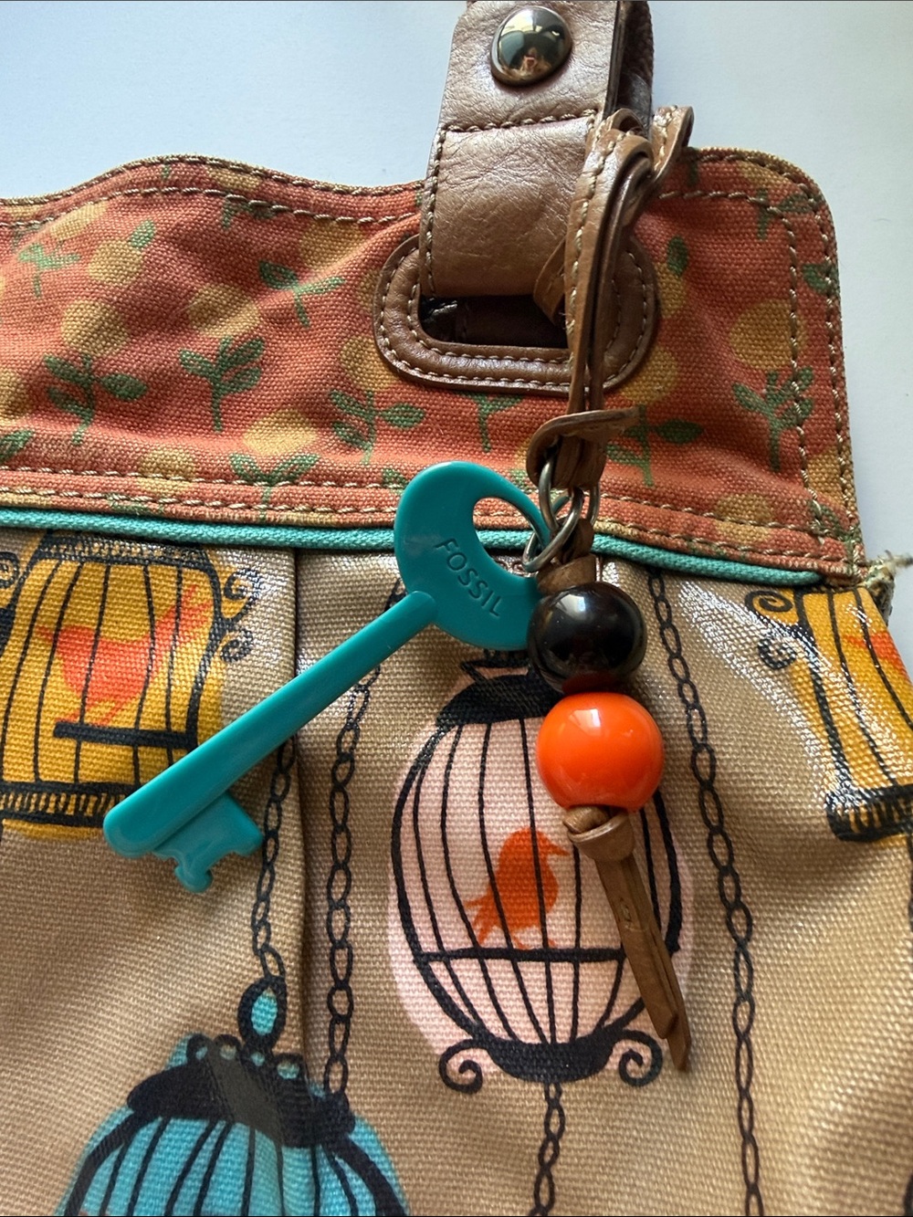 Fossil Key-per Canvas Tote Bag with Colorful Birdcage Print in Tan and Teal - Picture 2 of 9